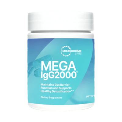A Supplement container with the name Mega IgG2000 powder by Microbiome Labs.