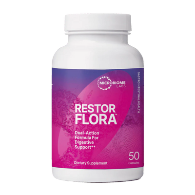 A Supplement container with the name RestorFlora by Microbiome Labs