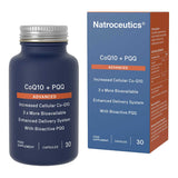 Image of a blue bottle that says CoQ10+PQQ advanced Increased Cellular Co-Q10 3x More Bioavailable Enhanced Delivery System With Bioactive PQQ