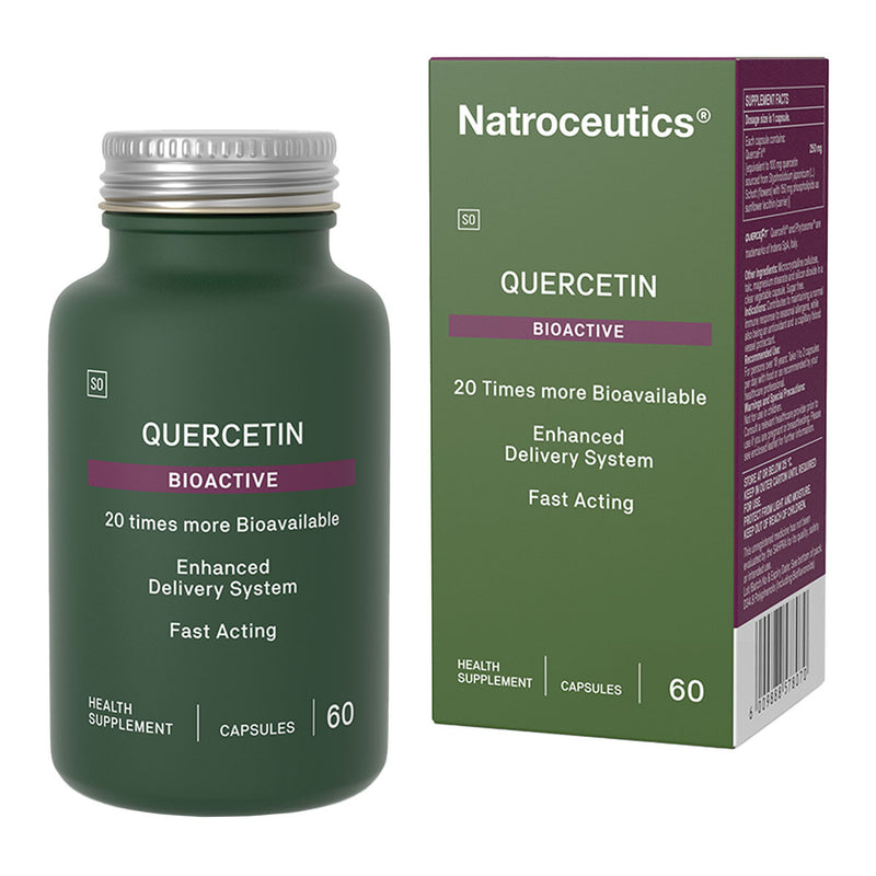 Image of a green bottle that says quercetin bioactive 20 times more bio available enhanced delievery system fast acting health supplement 60 capsules 