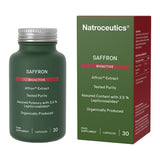 Image of a green bottle that says saffron bioactive affron extract tested purity assured potency with 3,5% lepticrosalides organically produced food supplment 30 capsules  