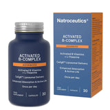 image of a blue bottle that says activated b-complex advanced activated b vitamins  + L-Theanine cellg8 liposomal delivery enhanced absorption and active life once per day food supplement 30 capsules 