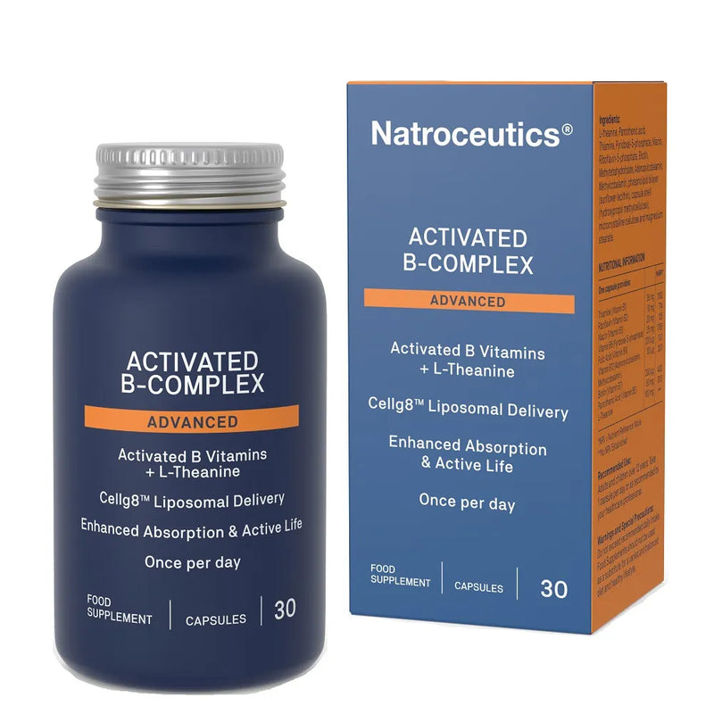 image of a blue bottle that says activated b-complex advanced activated b vitamins  + L-Theanine cellg8 liposomal delivery enhanced absorption and active life once per day food supplement 30 capsules 