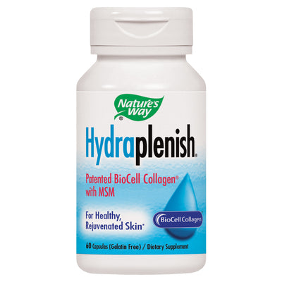 A Supplement container with the name Hydraplenish with MSM by Natures Way.