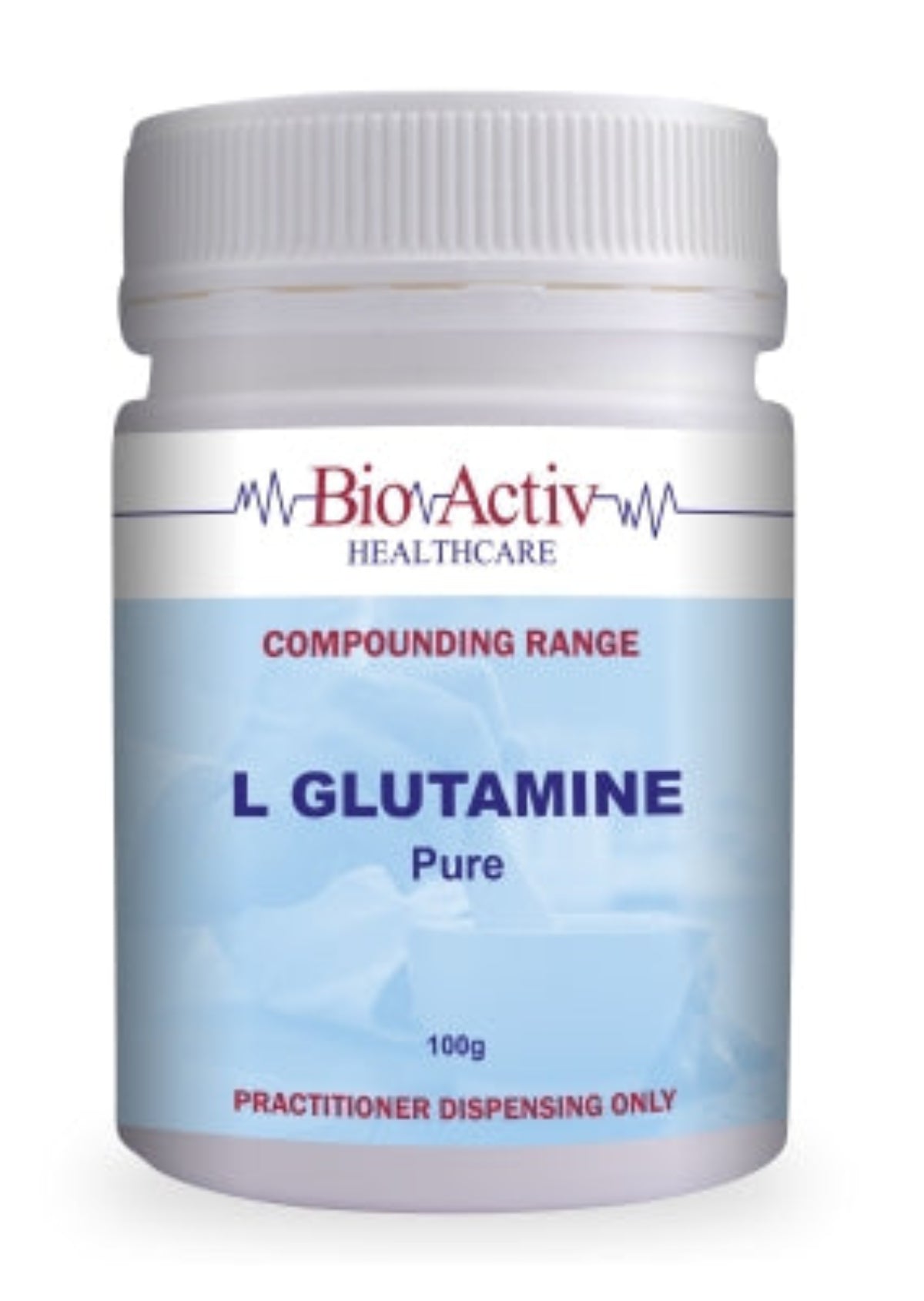 A Supplement container with the name L-Glutamine (Pure) by Bio-Activ.