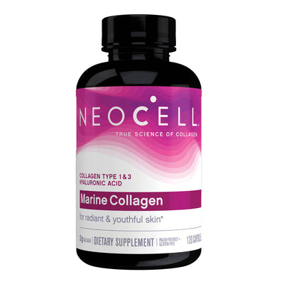 Image of a black bottle taht says neocell true science of collagen collagen type 1 and 3 hyaluronic acid marine collagen for radient and youthful skin 2g collagen dietary supplement paleo frienly gluten free 120 capsules 