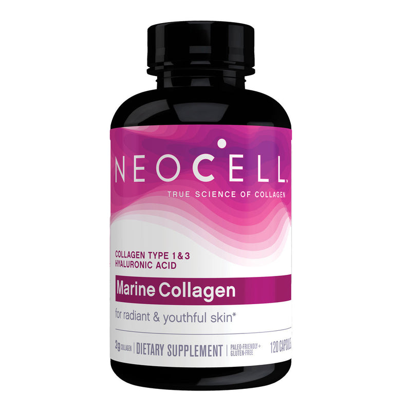 Image of a black bottle taht says neocell true science of collagen collagen type 1 and 3 hyaluronic acid marine collagen for radient and youthful skin 2g collagen dietary supplement paleo frienly gluten free 120 capsules 