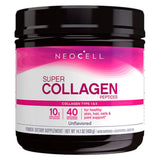 Image of a black supplement bottle that says neocell super collagen peptides collagen type 1 and 3 10g collagen per servings 40 servings per container for healthy skin, hair , nails and joint support unflavourred powder dietary supplement net wt 14.1 OZ 400g keto certified gluten free grass fed 