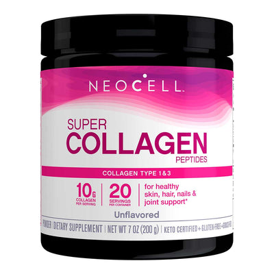 An image of a black supplement bottle that says neocell super collagen peptides collagen type 1 & 3 10g collagen per serving 20 servings per container for healthy skin, hair, nails and joint support. unflavoured powder dietary supplement net WT 7OZ 200g keto certified gluten free grassfed 