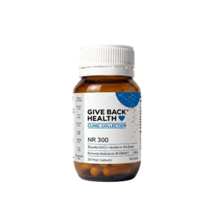 A Supplement container with the name NR 300 (30 vcaps) by Give back Health