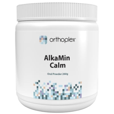 A Supplement container with the name AlkaMin Calm by Orthoplex White