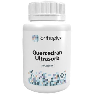 A Supplement container with the name Quercedran Ultrasorb by Orthoplrex White