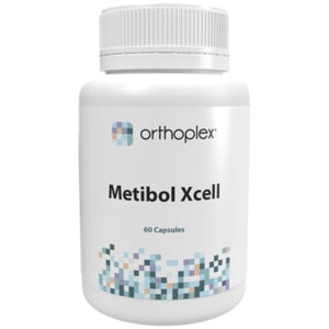 A Supplement container with the name Metibol Xcell (60 Caps) by Orthoplex White.
