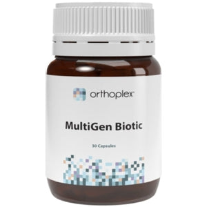 A Supplement container with the name MultiGen Biotic (30 caps) by Orthoplex White.