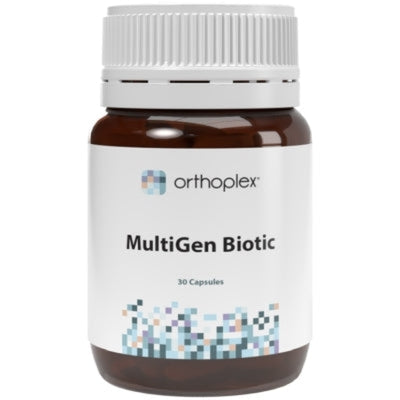 A Supplement container with the name MultiGen Biotic (30 caps) by Orthoplex White.