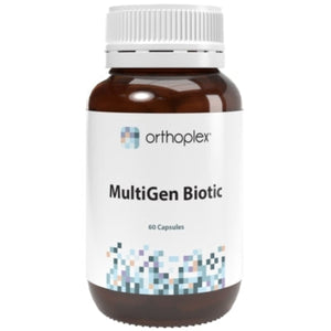 A Supplement container with the name MultiGen Biotic (60 caps) by Orthoplex White.