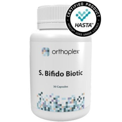 A Supplement container with the name S.Bifido Biotic (60 Caps) by Orthoplex White