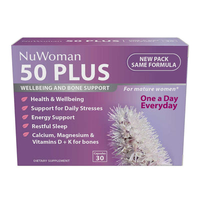 A Supplement container with the name 50 Plus Wellbing and Bone Support (30 Caps) by NuWoman.