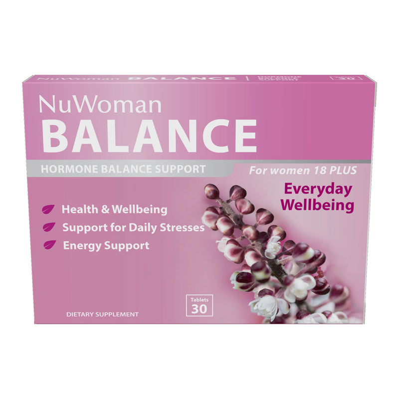 A Supplement container with the name 18 Plus Balance Hormone Support by NuWoman.