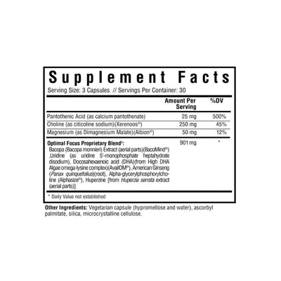 Ingredients:  Pantothenic Acid (as calcium pantothenate), Choline (as citicoline sodium) (Xerenoos), Magnesium (as Dimagnesium Malate)(Albion)