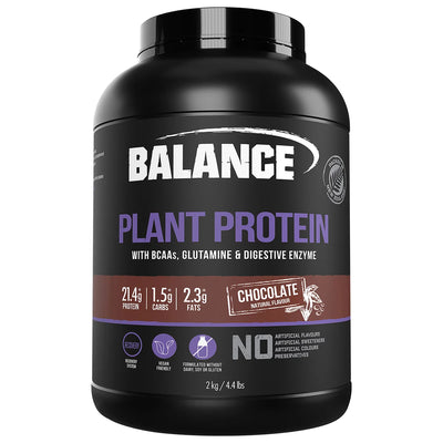 A Supplement container with the name Plant Protein by Balance. Ingredients Vanilla flavour: Balance Plant Protein Blend (91%) (Pea Protein Isolate, Brown Rice Protein Concentrate, Chia Protein Powder, Sacha Inchi Powder), Natural Flavours, Amino Acids [L-Glutamine (2%), BCAAs (1%) (L-Leucine, L-Isoleucine, L-Valine)], Vegetable Gums (Xanthan, Guar), Salt, Digestive Enzymes (0.4%) (Bromelain, Papain), Natural Sweeteners (Steviol Glycosides, Thaumatin).