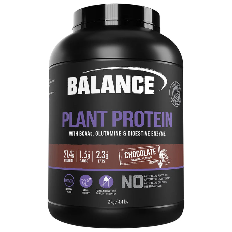 A Supplement container with the name Plant Protein by Balance. Ingredients Vanilla flavour: Balance Plant Protein Blend (91%) (Pea Protein Isolate, Brown Rice Protein Concentrate, Chia Protein Powder, Sacha Inchi Powder), Natural Flavours, Amino Acids [L-Glutamine (2%), BCAAs (1%) (L-Leucine, L-Isoleucine, L-Valine)], Vegetable Gums (Xanthan, Guar), Salt, Digestive Enzymes (0.4%) (Bromelain, Papain), Natural Sweeteners (Steviol Glycosides, Thaumatin).
