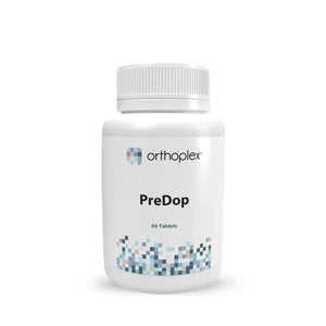 A Supplement container with the name  PreDop by Orthoplex White.