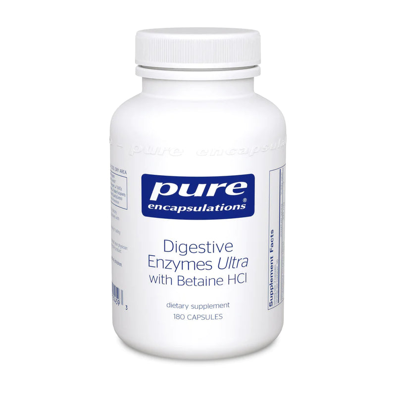 A white container with the name Digestive Enzymes Ultra with Betaine HCi