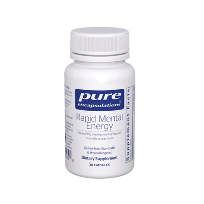A Supplement container with the name Rapid Mental Energy by Pure Encapsulation. 