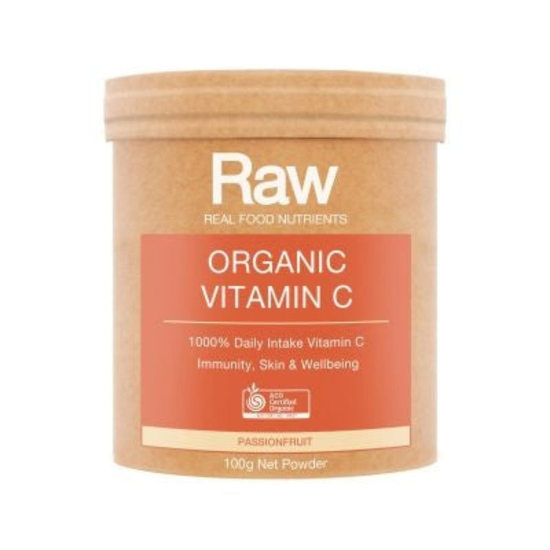 A Supplement container with the name RAW Organic Vitamin C by Amazonia.