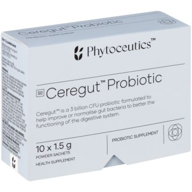 A Supplement box with the name Ceregut Probiotic (10 Sachets) by Phytoceutics.