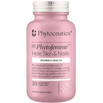 A Supplement container with the name Phytofemme Hair, Skin & Nails by Phytoceutics.