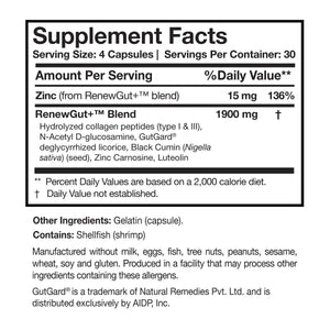 Text listing the ingredients including Zinc, Hydrolyzed Collagen peptides, N-Acetyl D-Glucosamine, GutGard, Deglycyrrhized licorice, Black Cumin, Nigella Sativa, Zinc carnosine, Luteolin.