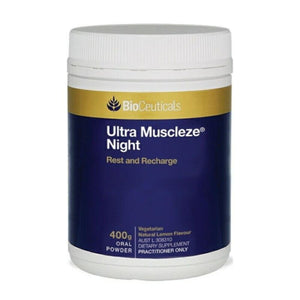 A Supplement container with the name Ultra Muscleze Night (400g ) by BioCeuticals.