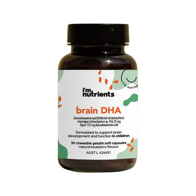 A Supplement container with the name Brain DHA (30 Caps) by I'm Nutrients.