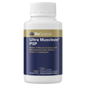 A Supplement container with the name Ultra Muscleze P5P by BioCeuticals.