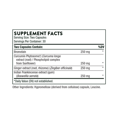 Text describing the Ingredients: Bromelain, Curcumin Phytosome, Ginger extract, Indian Frankincense extract. Curcuma longa extract, Phospholipid, Sunflower, Zingiber officinale, Boswellia serrata.