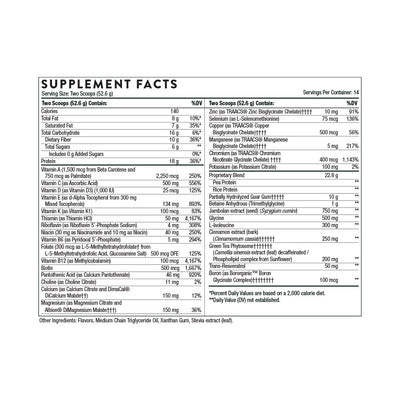 ngredients including Vitamin A, Beta Carotene, Vitamin C, Ascorbic Acid, Vitamin D, D3, Vitamin E, D-Alpha Tocopherols, Mixed Tocopherols, Thiamine HCI, Riboflavin, Niacin, Vitamin B6, P5P, Folate, Methyltetrahydrofolate, l5mthfr, Vitamin b12, Methlycobalamin, Biotin, Pantothenic acid, Choline,  Calcium, Iron, Magnesium Citrate, Zinc Bisglycinate, TRAACS, Selenium, Manganese, Chromium, Molybdenum, Sodium, Potassium, Pea Protein, Glycine, Isoleucine, Resveratrol, Green Tea.