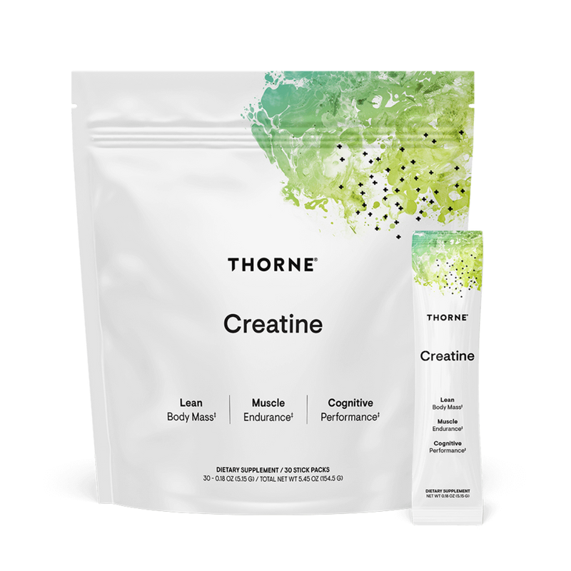 A Supplement bag with 30 stick pack with the name Creatine by Thorne.