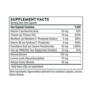 Text describing the ingredients: Vitamin C, Thiamin, Riboflavin, Vitamin B6, Pantothenic Acid, Zinc, Adrenal, Licorice Root, Adrenal Cortex 