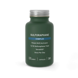 Image of a green bottle that says sulforaphane coplex, potent Nrf2 Activator 1,5% Sulforaphane yield TetraSOD Once per day food supplement capsules 30 