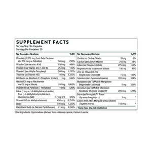 Ingredients including Vitamin A, Beta Carotene, Palmitate, Vitamin C, Ascorbic Acid, Vitamin D, D3, Vitamin E, D-Alpha Tocopheryl, Thiamine, Thiamin HCI, Riboflavin 5 Phosphate Sodium, Niacin, Niacinamide, Vitamin B6, P5P, Pyridoxal 5 Phosphate, Folate, L-5mthfr, L-5 Methlytetrahydrofolate, Glucosamine Salt, Vitamin B12, Methylcobalamin, Biotin, Pantothenic, Calcium Pantothenate, Choline Citrate, Calcium Malate, Iodine, Potassium Iodide, Magnesium Malate, Zinc TRAACS BIsglycinate, Selenium, L- Selenomethion