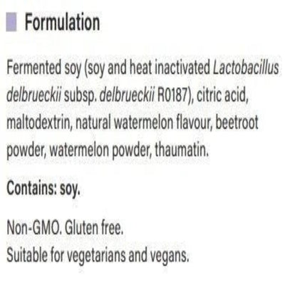 Ingredients: Lactobacillus delbrueckii subsp. delbrueckii R0187, Citric Acid, Maltodextrin, Natural Watermelon flavour, beetroot powder, Watermelon powder, Thaumatin.