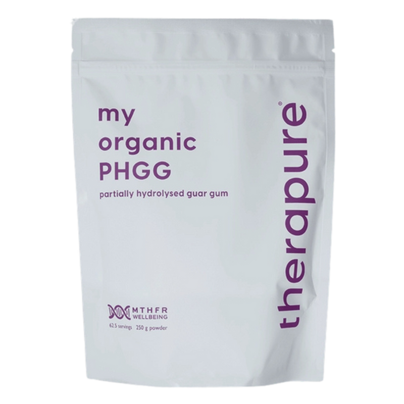 A Supplement container with the name My organic PHGG partially hydrolysed guar gum by Therapure.