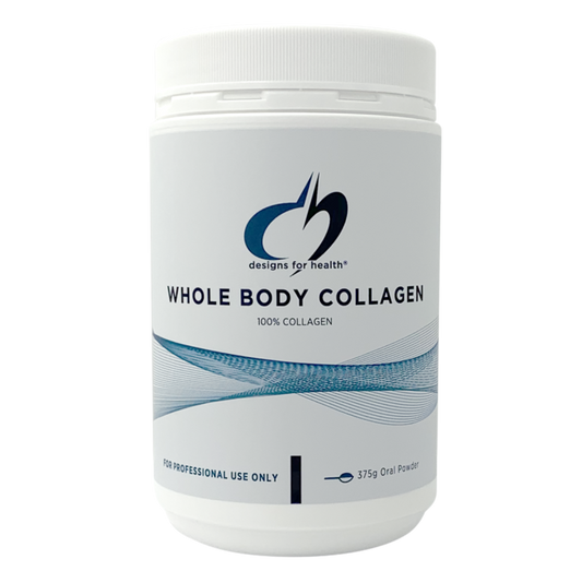 A white supplement container that says designs for health whole body collagen 100% collagen 375g oral powder