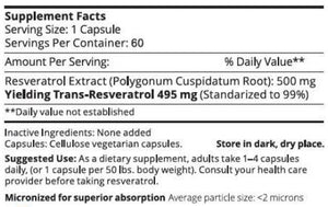 A list of ingredients including Polygonum Cuspidatum root, Trans-Resvertrol
