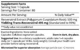 A list of ingredients including Polygonum Cuspidatum root, Trans-Resvertrol