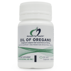 A bottle that says desigsn for health oil of oregano origanum vulgare leaf essential oil 150mg healps to support and maintain intestinal health dietary supplemnt 90 soft capsules 