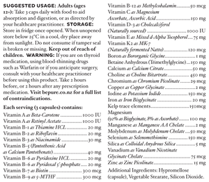 Text listing the ingredients including Vitamin a, Beta-Carotene, Retinyl Acetate, Vitamin B1, Thiamine HCL, Riboflavin, Vitamin B2, Niacinamide, Vitamin b3, Pantothenic Acid, Calcium Pantothenate, Vitamin B5, Vitamin B6, Pyridoxine HCL, Pyridoxal 5 Phosphate, Vitamin b7, Biotin, Vitamin b9, 5-mthf, vitamin b12, Vitamin C, Methylcobalamin, Magnesium Ascorbate, Ascorbic Acid, Vitamin D3, Cholecalciferol, Vitamin E, Mixed d-Alpha Tocopherol, Vitamin K2, MK7, Natto, Boron, Boroganic glycine, TMG