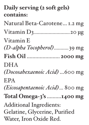 Text listing the ingredients including Natual Beta-Carotene, Vitamin d3, Vitamin e, D-alpha Tocopherol, Fish oil, DHA, EPA